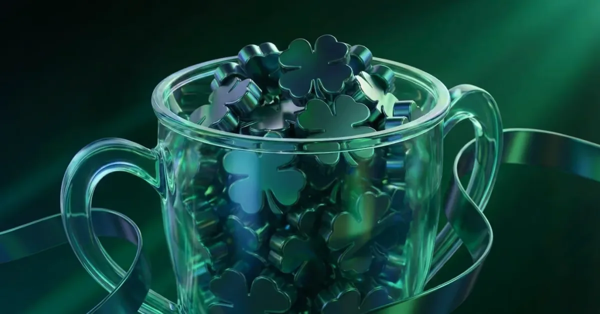 Pokal i glas fylld med gröna klöverblad
