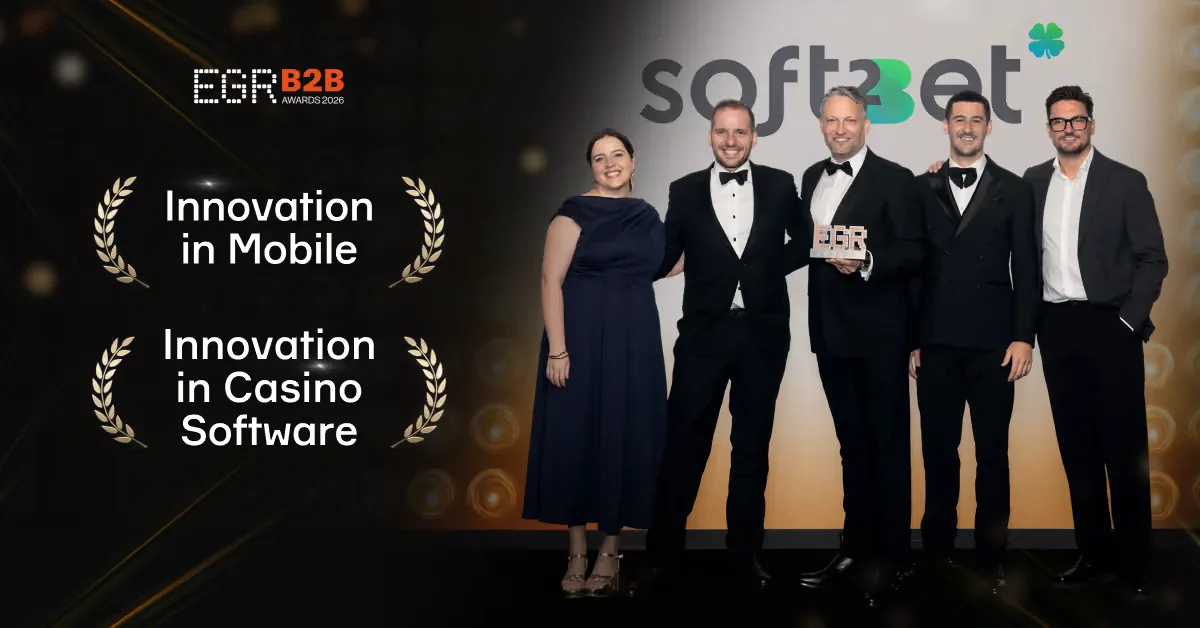 Soft2Bet-teamet med priserna Innovation in Mobile och Innovation in Casino Software vid EGR B2B Awards 2026